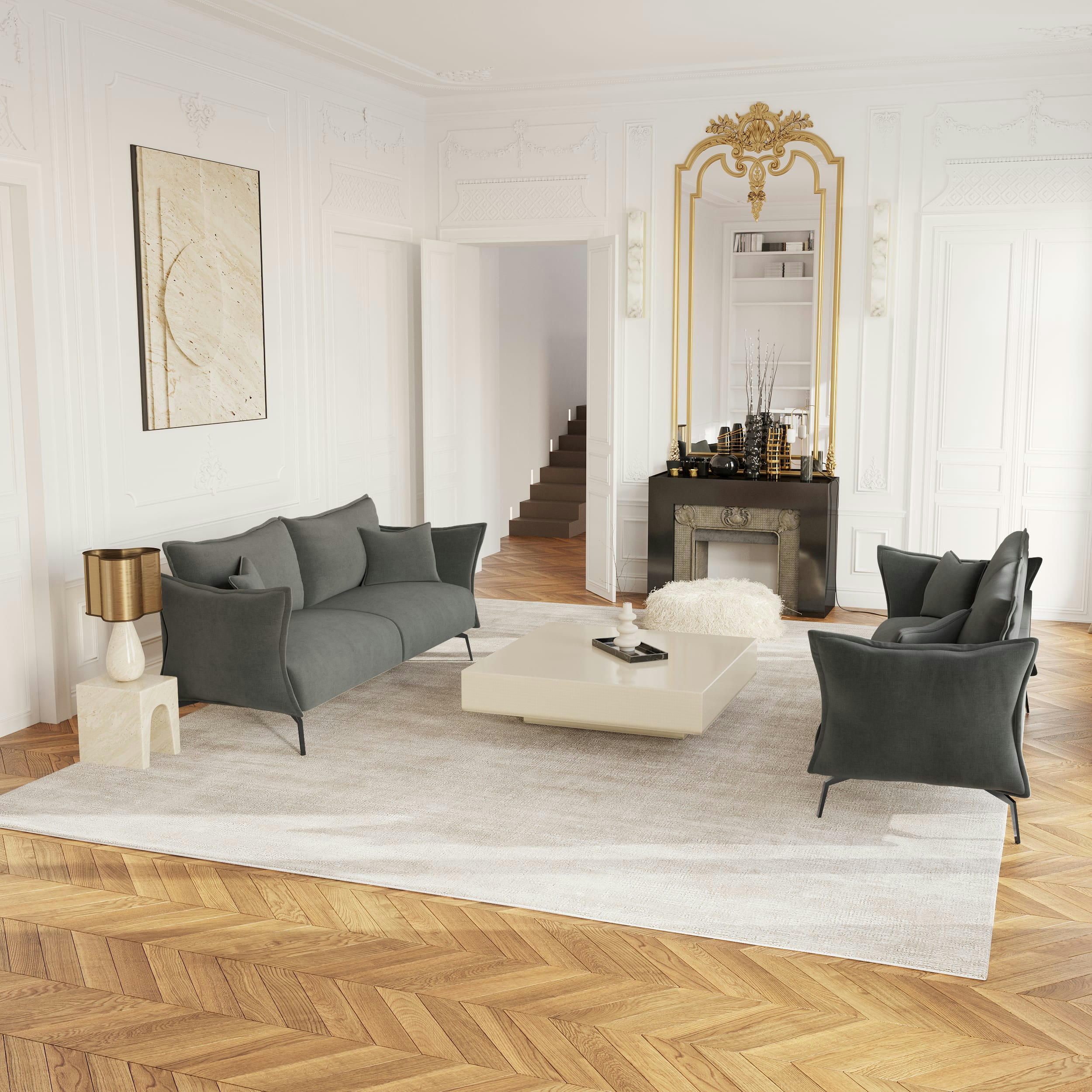 LENNY - Canapé 3 places velours gris graphite