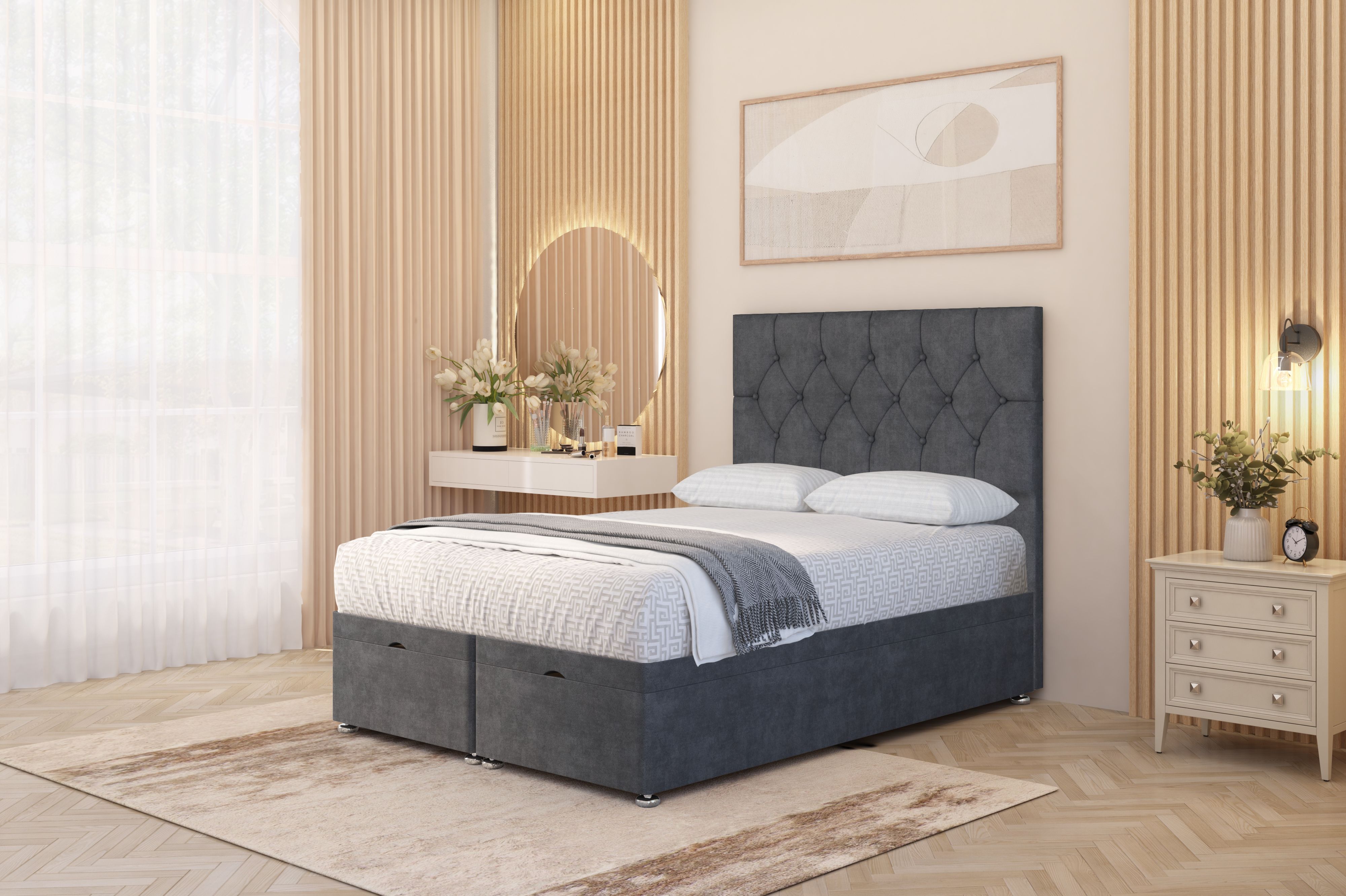 Somnior Ziggy Plush Velvet Ottoman Bed Base with Floor Standing Headboard