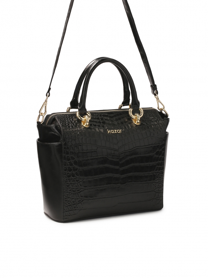 Elegant leather handbag with embossed crocus pattern