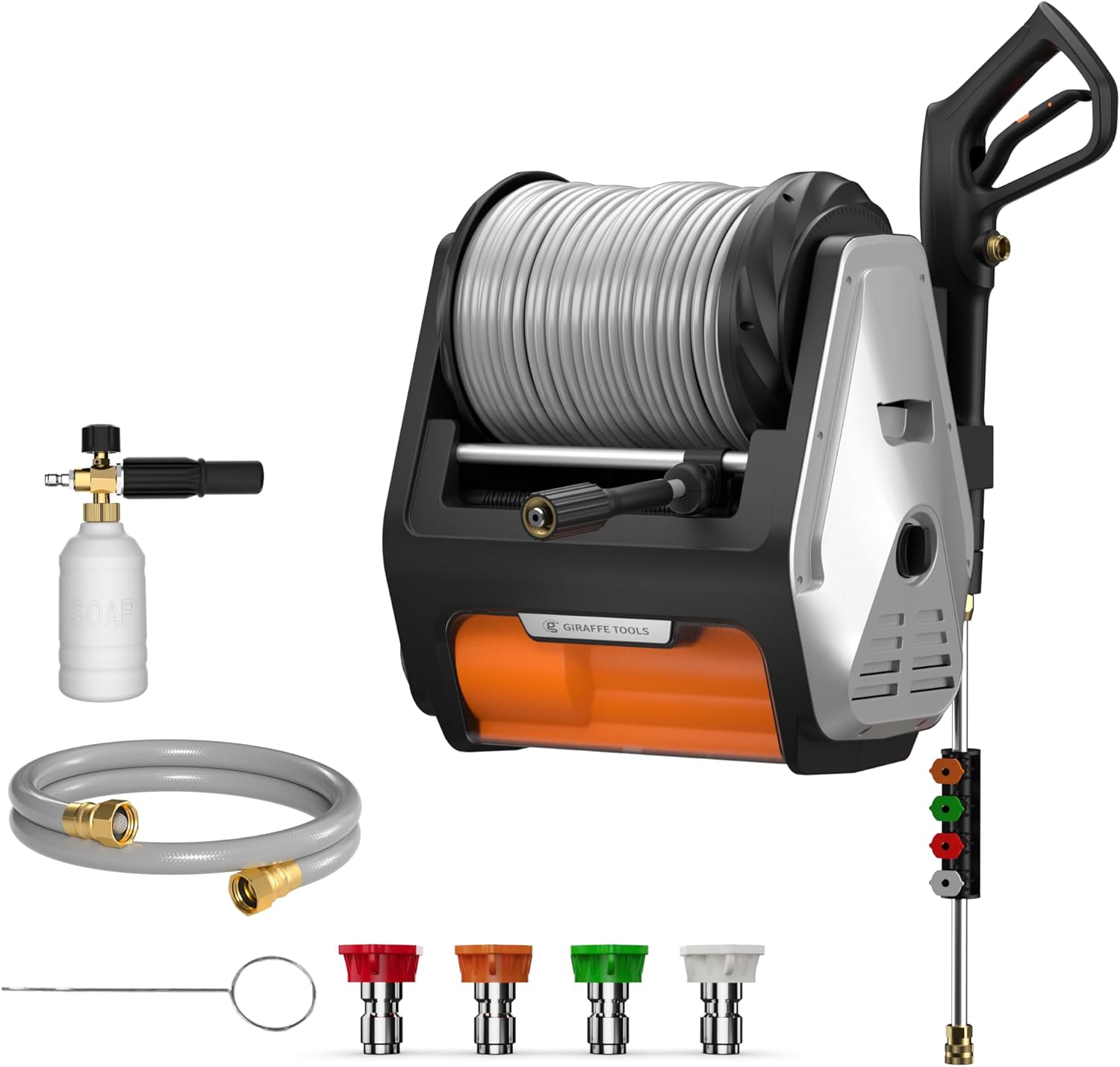 Giraffe Tools Grandfalls Retractable Wall Mounted Pressure Washer Pro  3700 PSI  1.6 GPM Electric Power Washer  Automatic Rewind  100ft Pressure Hoses  5 Nozzles for Cars/Fences/Patios  Light Silver