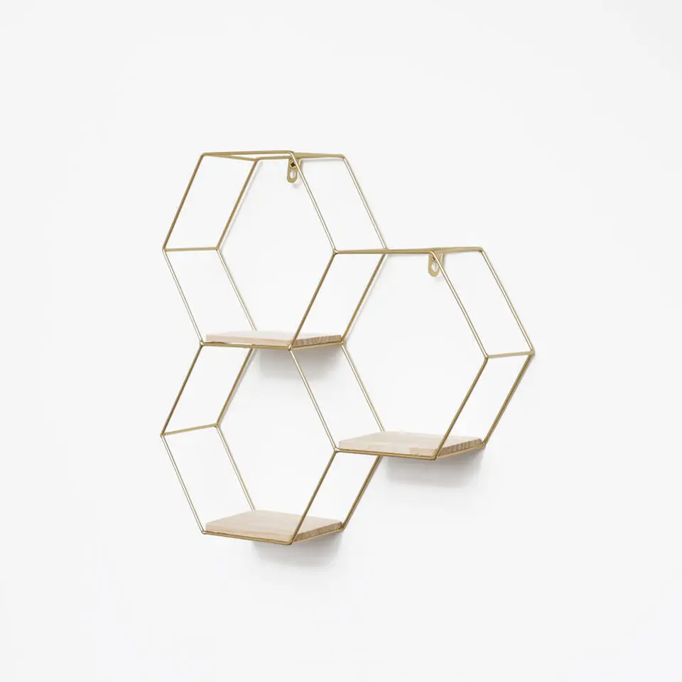 Driedubbel zeshoekig metalen wandrek met 3 houten plankjes - 40,5x41 cm - Goud