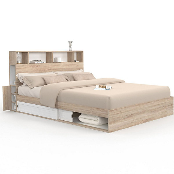 Lit double CLEM avec rangements   tête de lit et sommier 160 x 200 cm hêtre et blanc