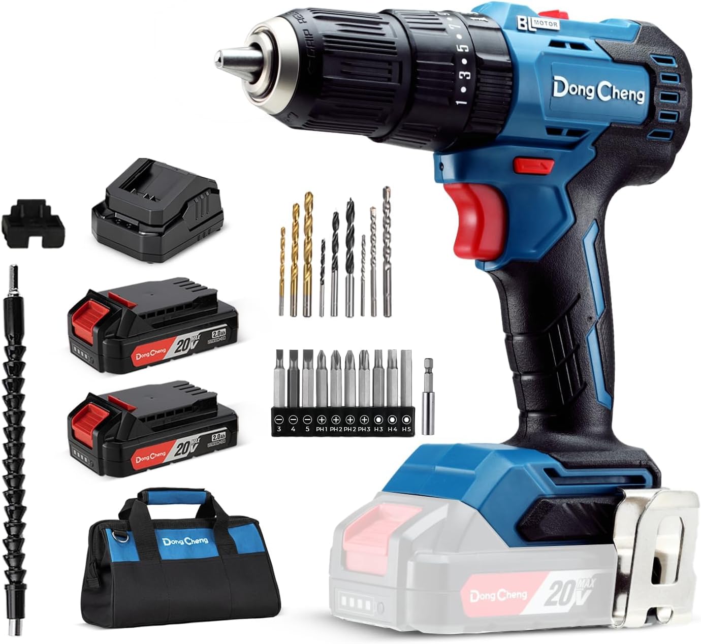 Dong Cheng 20V Brushless Heavy-duty Impact Drill, 443 in-lbs, 27000 IPM, 1/2 Keyless Metal Chuck, 20+1+1 Clutch, Cordless Hammer Drill with 2 Battery Kit for Drilling Brick Wall, Metal, Wood