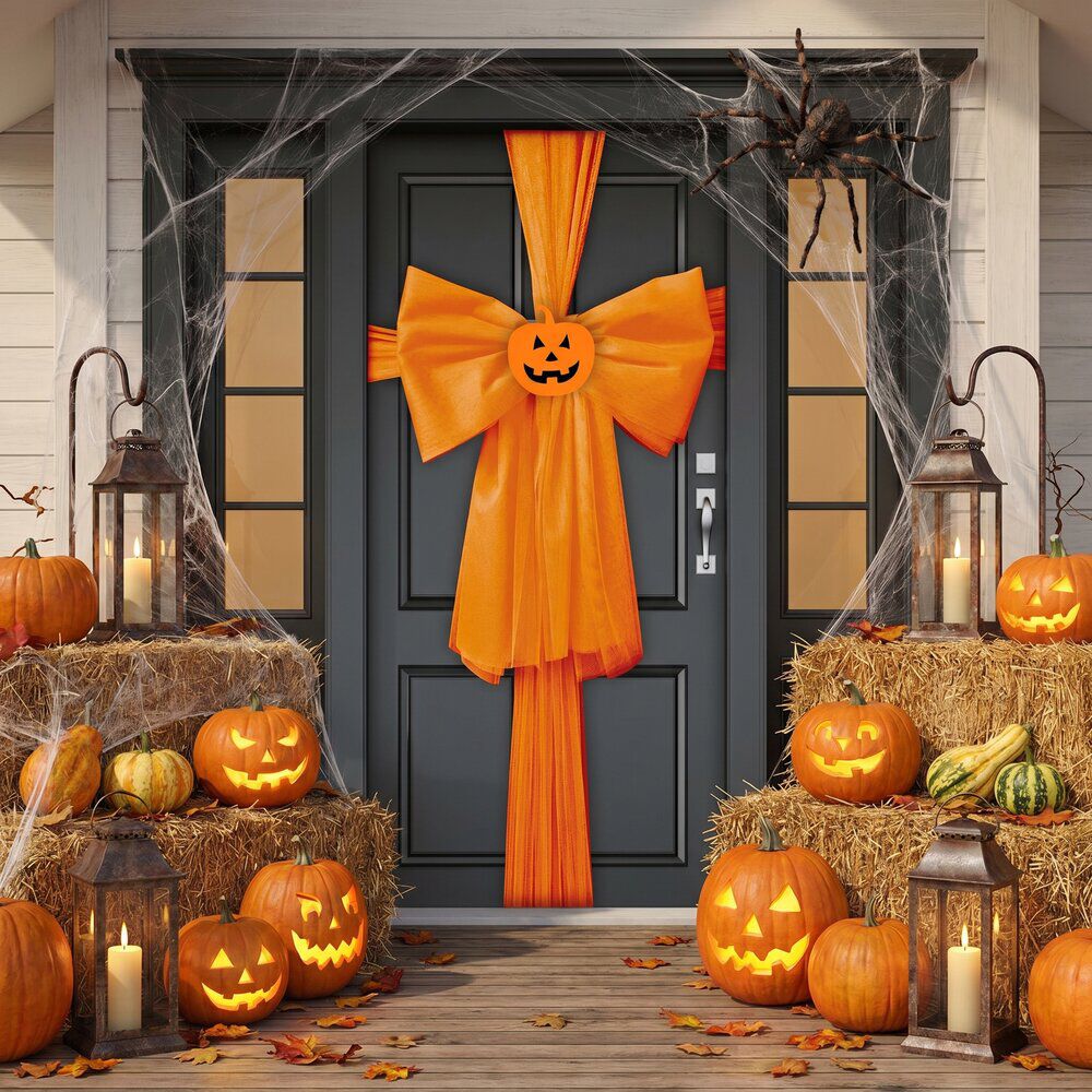 Décoration de porte Halloween noeud orange avec citrouille 160xH232cm