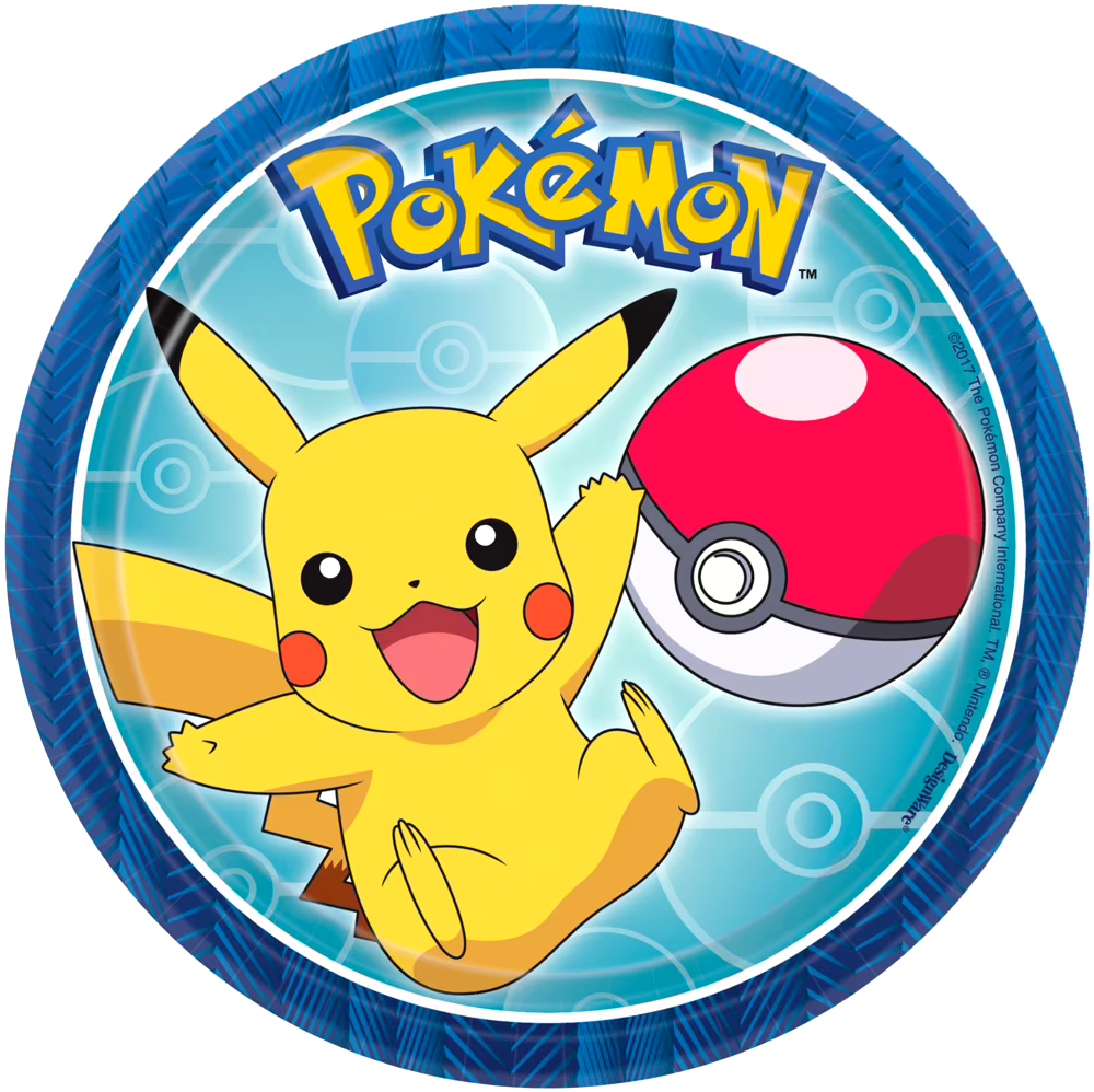 Nintendo Pokémon Pikachu Round Paper Disposable Dessert Plates, Blue/Yellow, 7-in, 8-pk, for Birthday Party