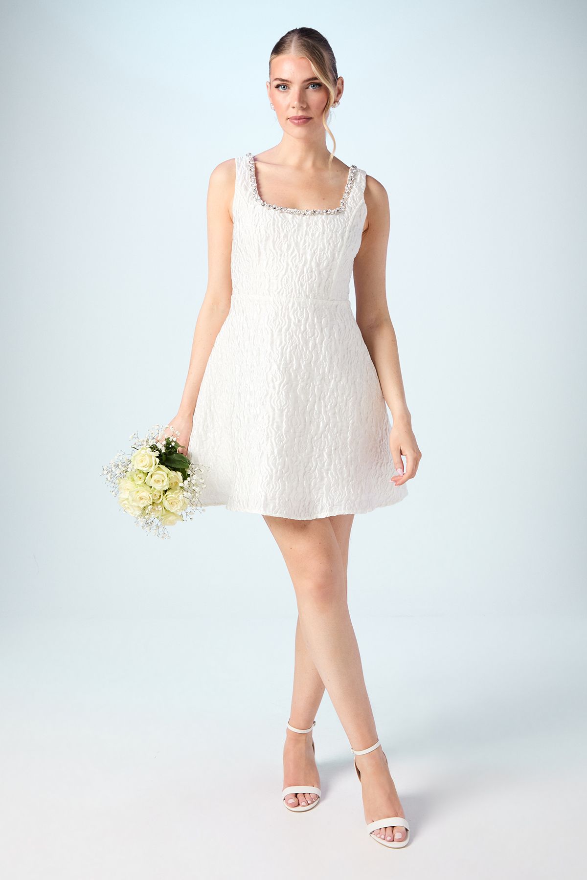 Coast Jacquard Full Skirted Mini Dress With Jewel Trim