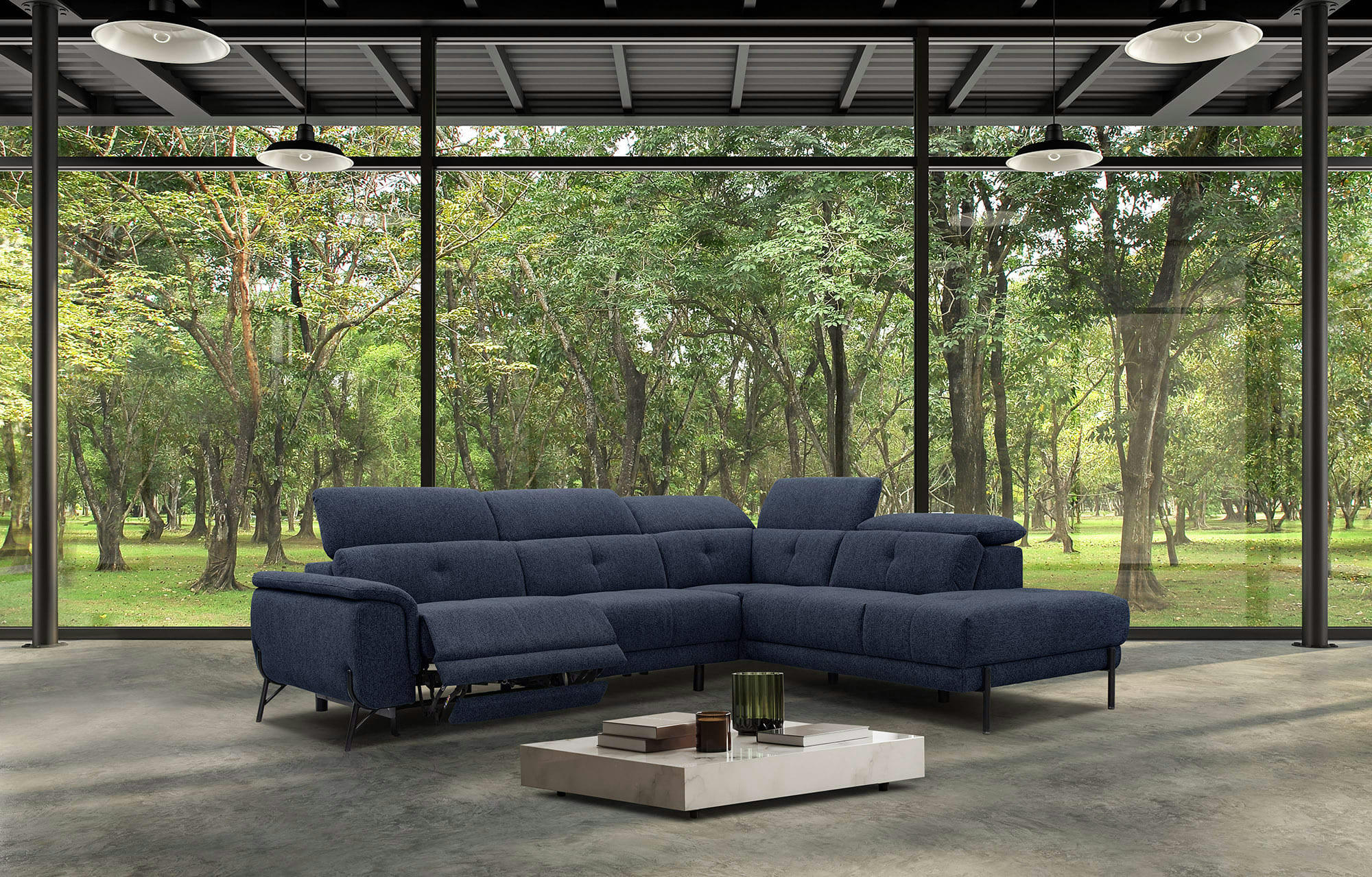 AVENA - Canapé d'angle droit 5 places relax électrique tissu bleu foncé