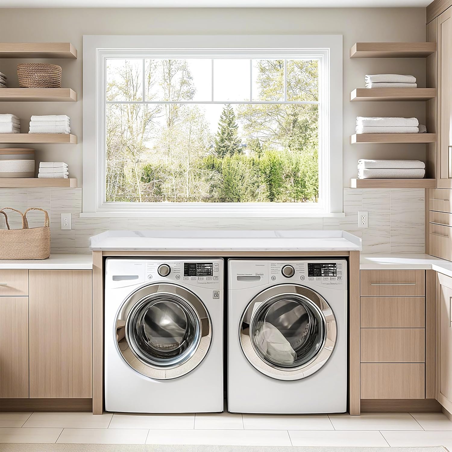 Life Finds 54 inch Washer Dryer Countertop with Safety Ledge for Laundry Room Organization, White Marble Pattern, LF-WDCT1WM
