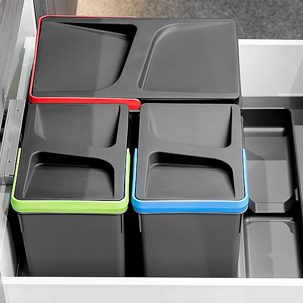 Emuca Kit poubelle de tri sélectif pour tiroir de cuisine avec socle Recycle hauteur 266mm, 1x15litres, 2x7litres, module 600mm,