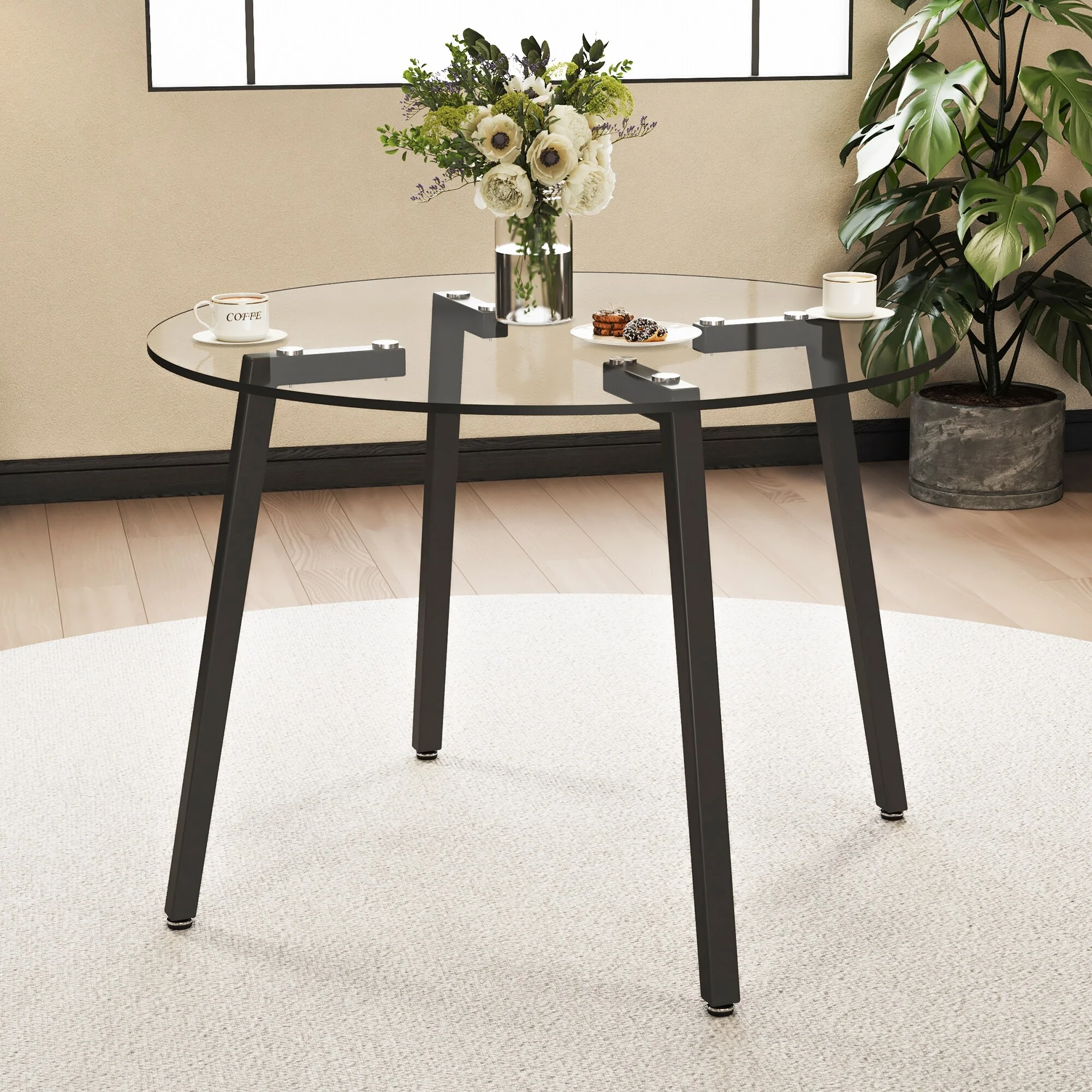 Modern simple style round transparent tempered glass table, tempered glass table top, black metal legs