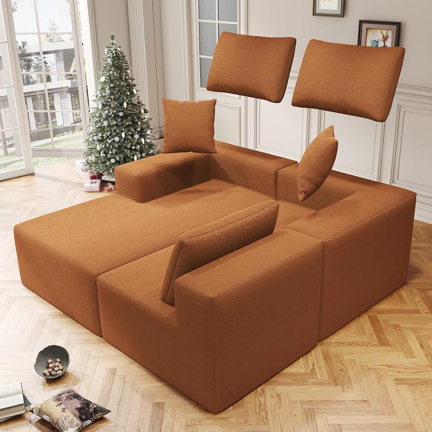 108 Orange Boneless Cloud Couches for Living Room L Shapes Sectional Sofa with Chaise Lounge, Comfy Teddy Fabric Memory Foam Couch Including Throw Pillow and Backrest - Removable Washable