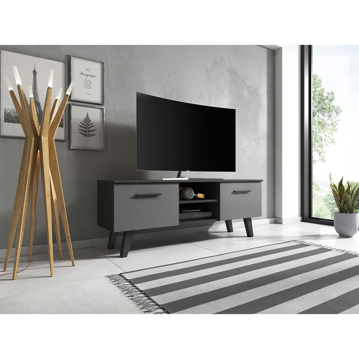 NORD - Meuble tv 2 portes 140 cm noir et gris