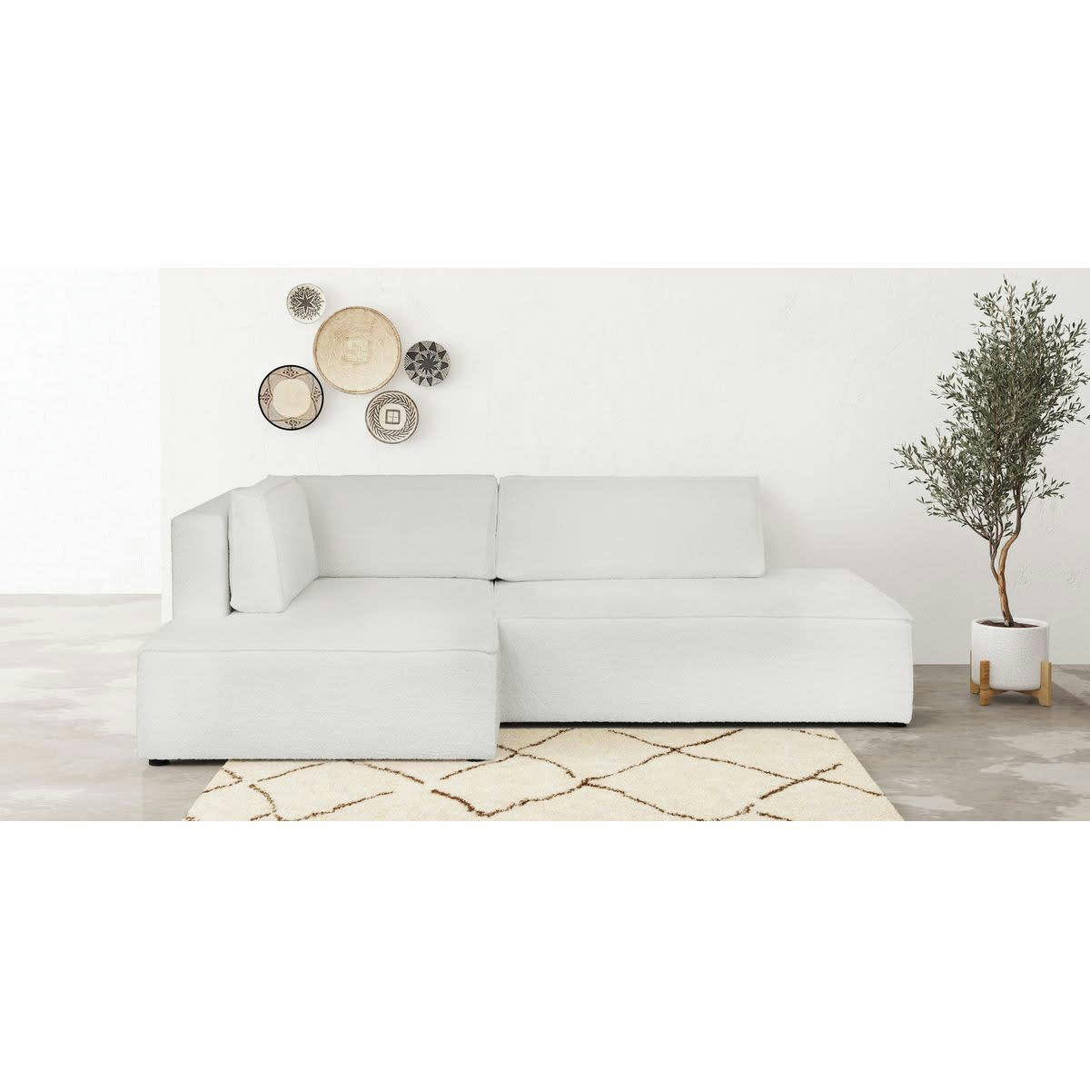 BARANI - Canapé d'angle à gauche convertible 3 places en tissu bouclé écru