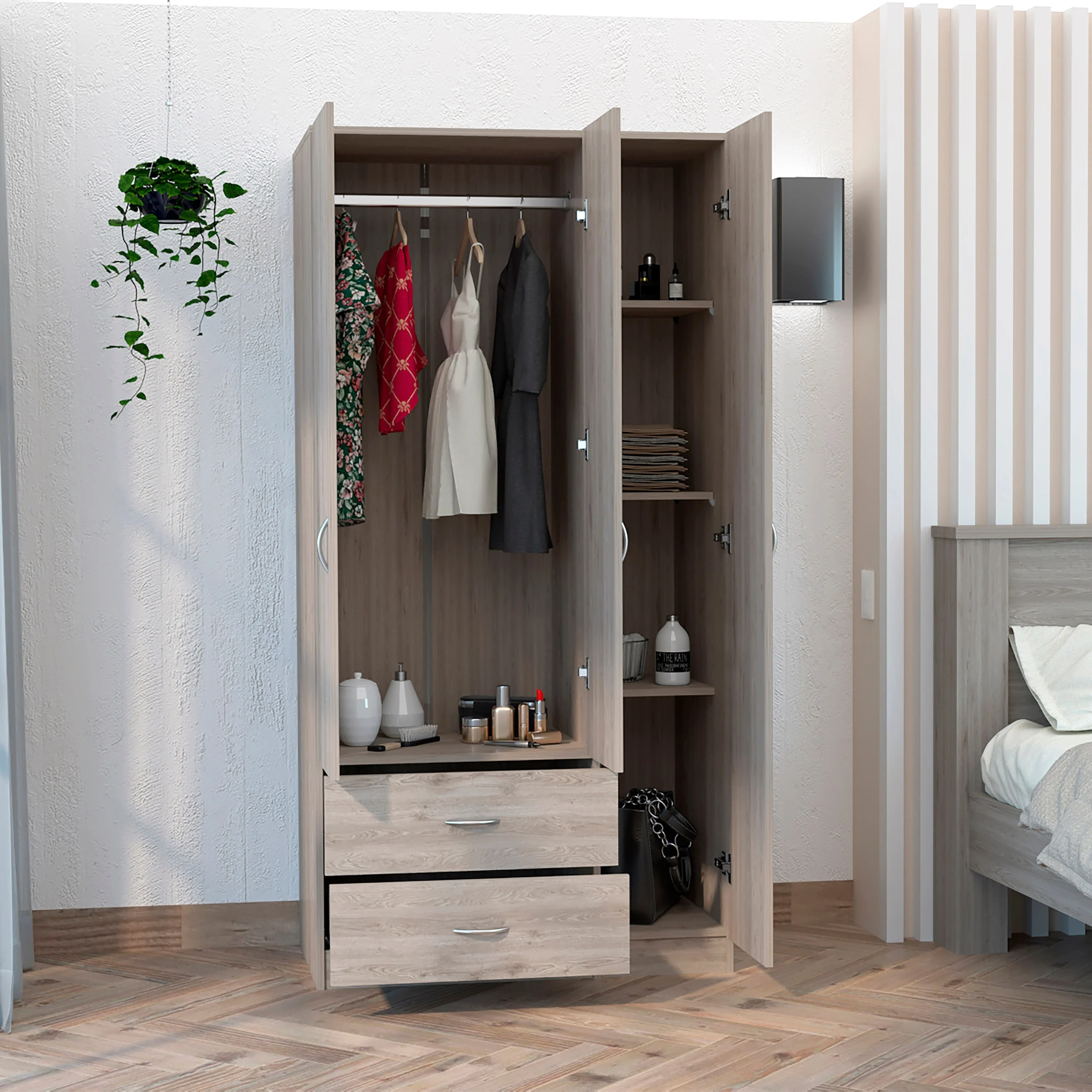 35.4 Modern Three-door Armoire with Hanging Rod, 5 Tall Spacious Shelves and Two Drawers