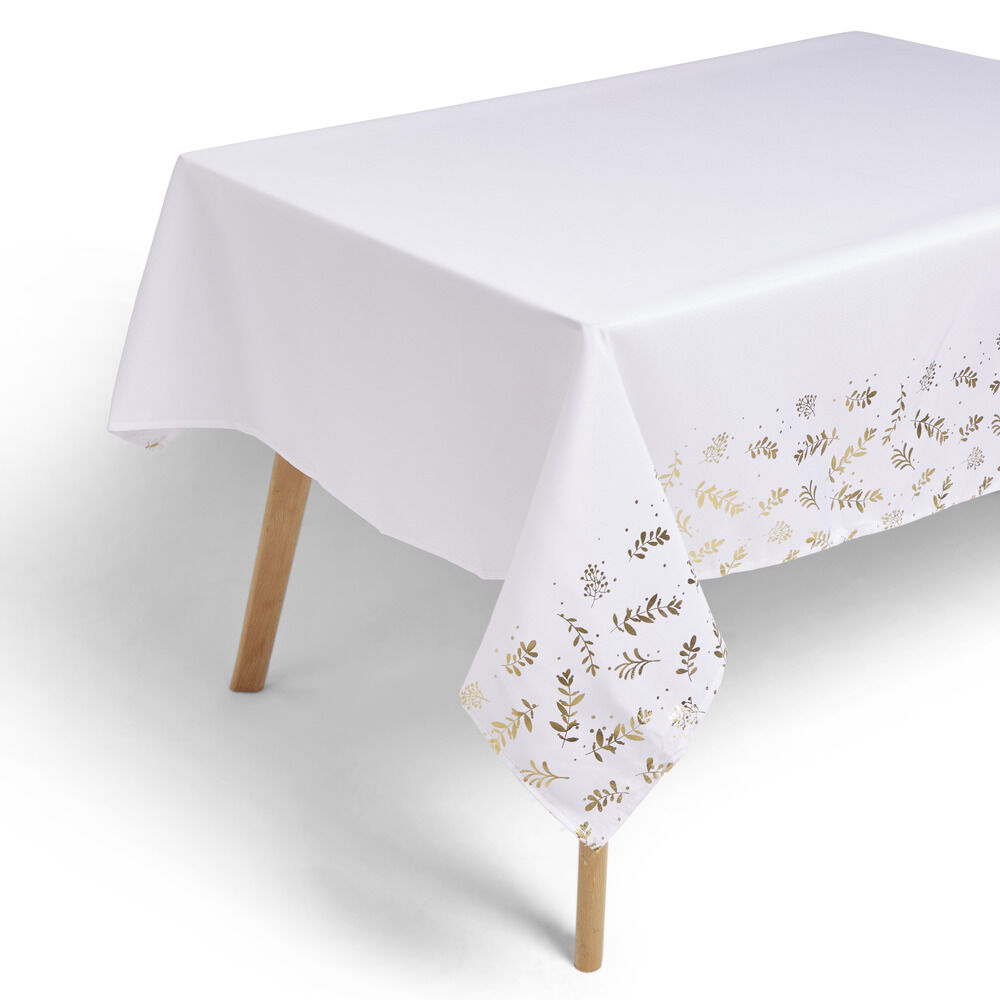 Nappe tissu blanc motif feuillage No&euml;l doré 140xL300cm
