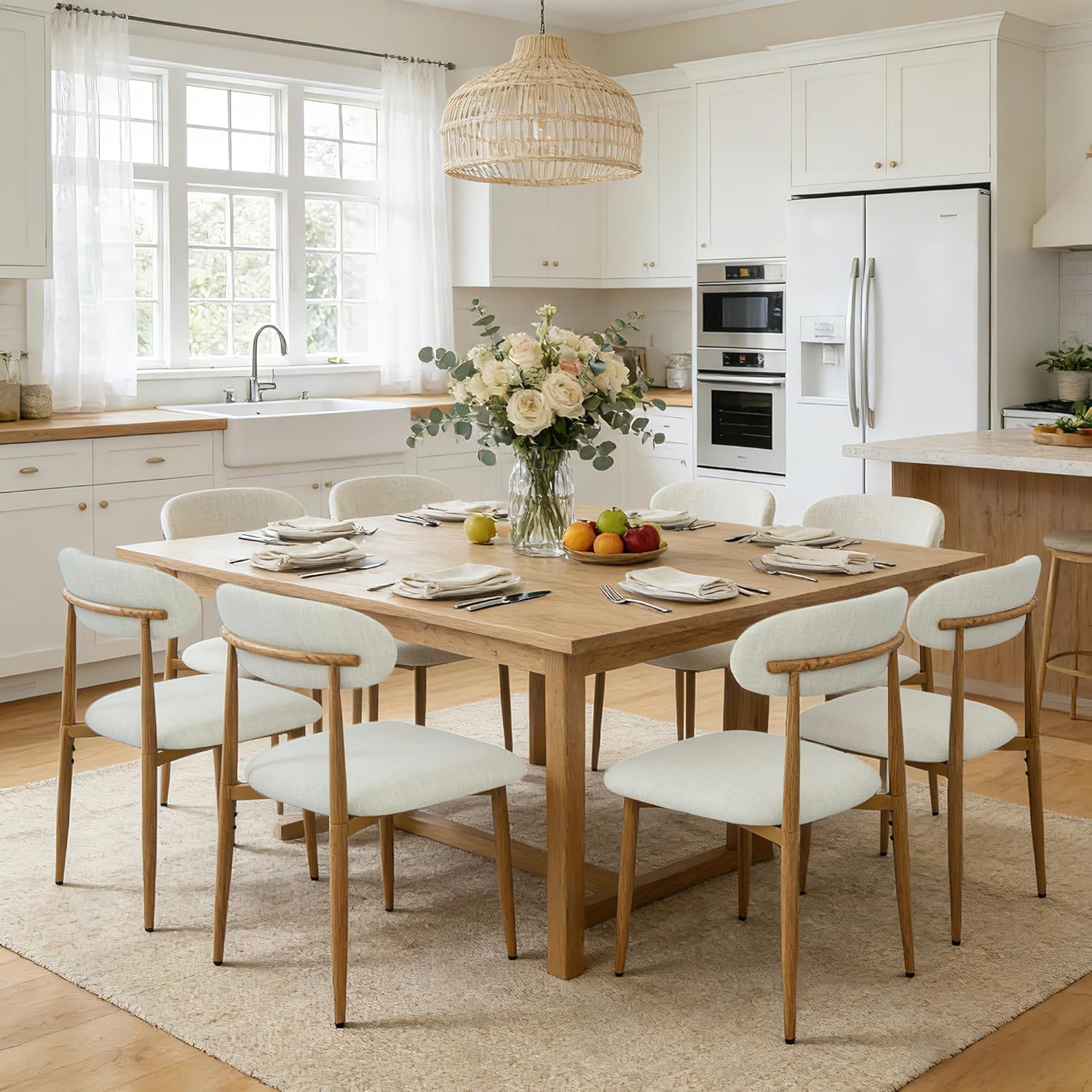 FREKEN Modern Upholstered Dining Chairs Set of 8, Mid-Century Metal Frame with Wood Grain, Linen Fabric Side Chair for Kitchen Dining Room, 350lbs Capacity, Beige