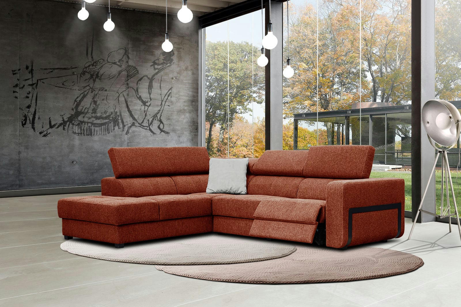 BERGO - Canapé d'angle gauche 5 places avec une relax électrique tissu brique