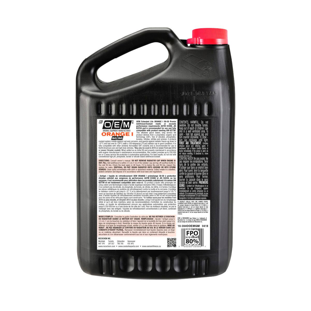 OEM 50/50 Premixed Anti-Freeze/Coolant, Chevrolet/Buick/Saturn, Orange I, 3.78-L