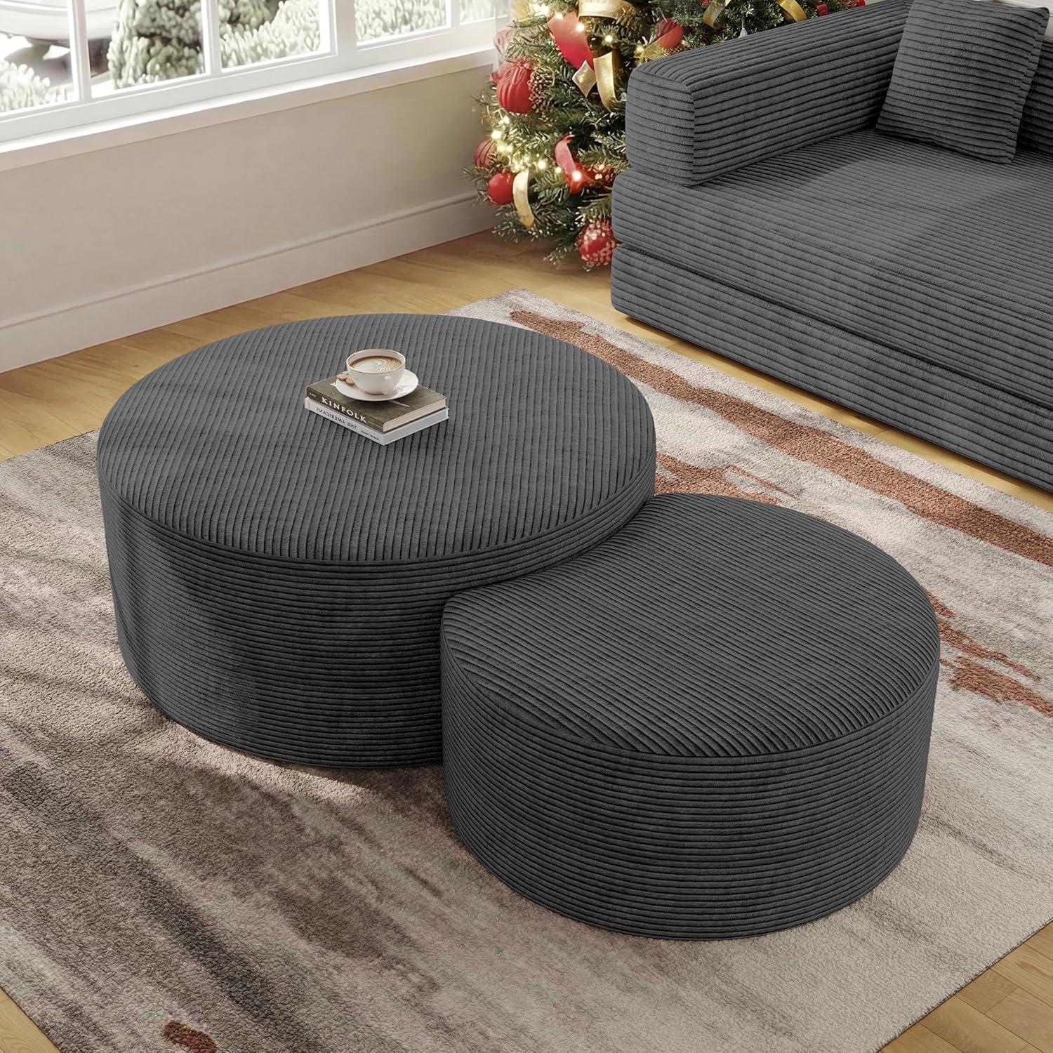 BSHOMGI Nesting Coffee Table Set of 2, Round Corduroy Modular Sectional Sofa Stool Circle Foam Side Table for Living Room, Entryway and Small Spaces No Assembly (Dark Gray, 32+17)