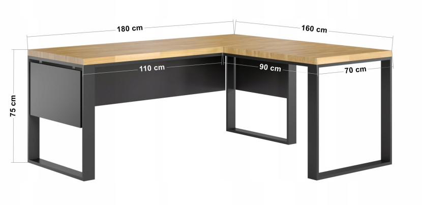 Stylowe Biurko Narożne Loft w Kolorze Czarnym 180x70 cm