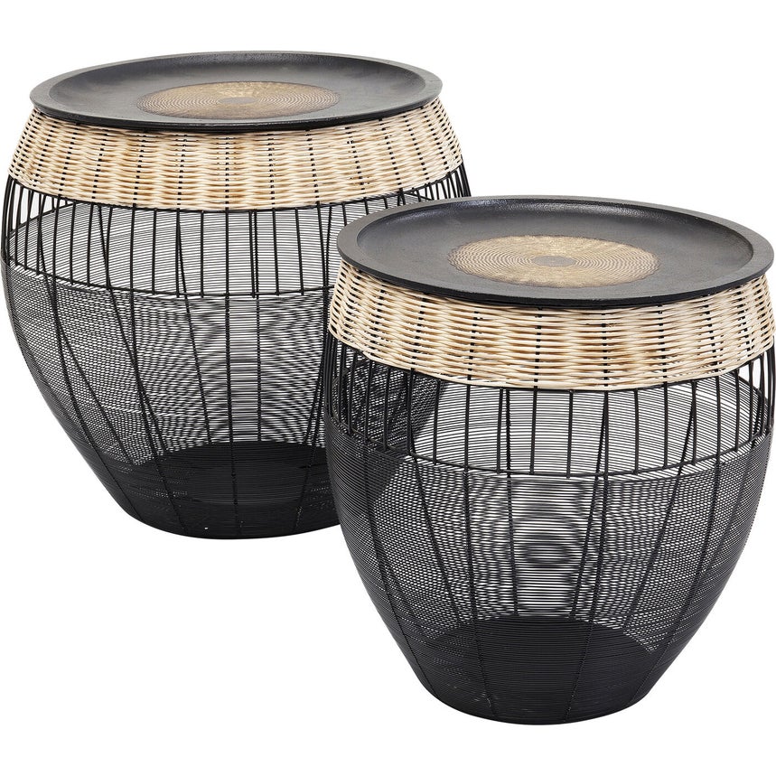 Kare Design African Drums Bijzettafel - Set Van 2 - Zwart Metaal Rotan