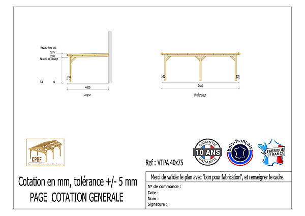 Carport adossé toit plat 450cmx400cm, bois DOUGLAS Français (Charpente en bois-auvent-abri voiture) 18 m². Garantie 10 ans