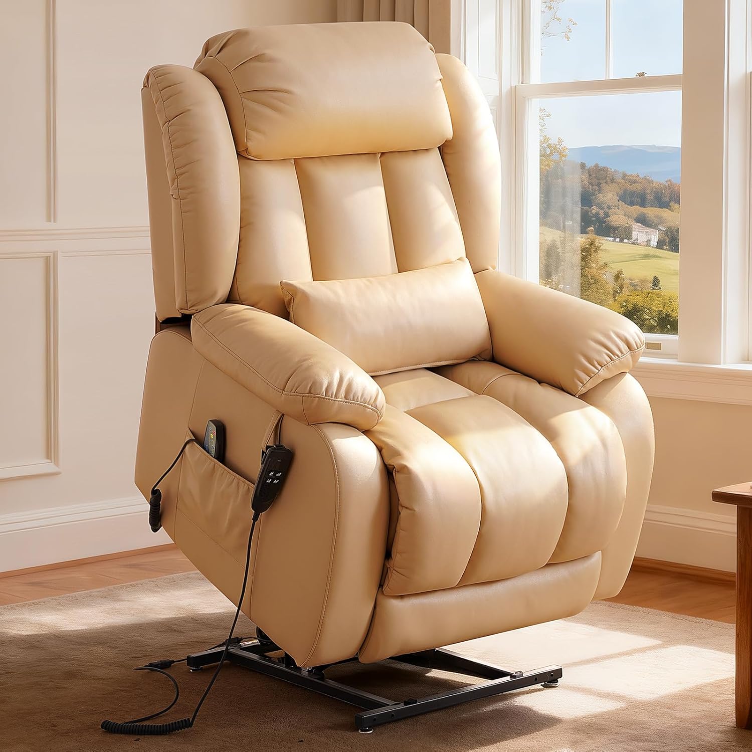 Power Lift Recliner Chair with 8-Point Massage & Heat, Dual Remote, USB/Type-C Ports, Easy-Clean Leather, Width 19.7 (Leather, Beige)