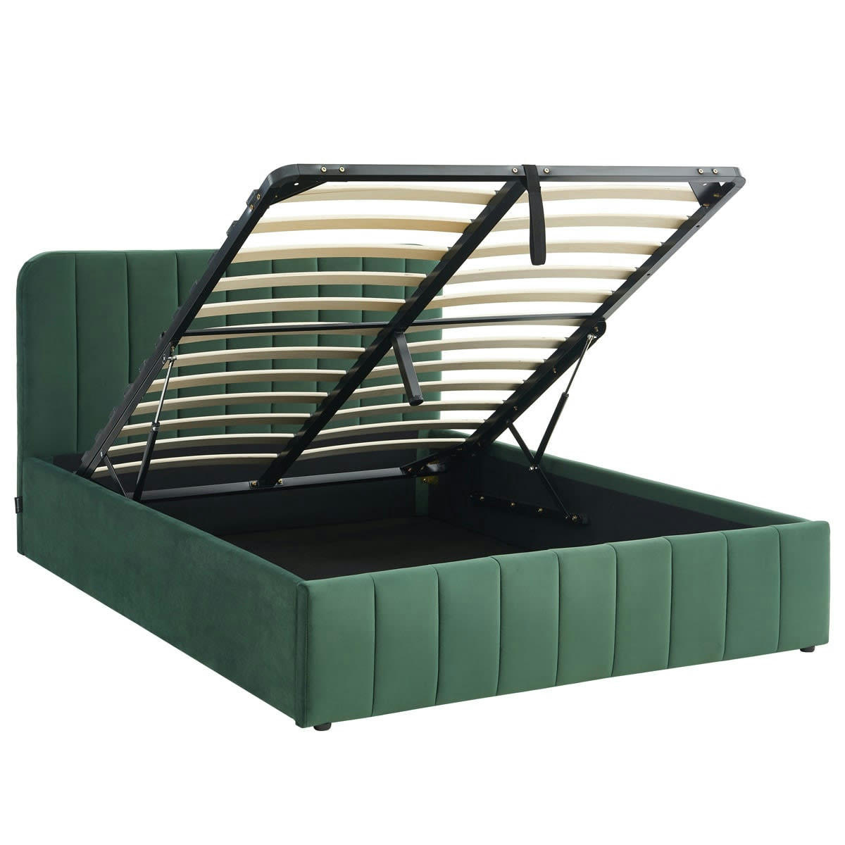 AVA - Lit coffre 140x190 en velours vert + tête de lit + sommier à lattes