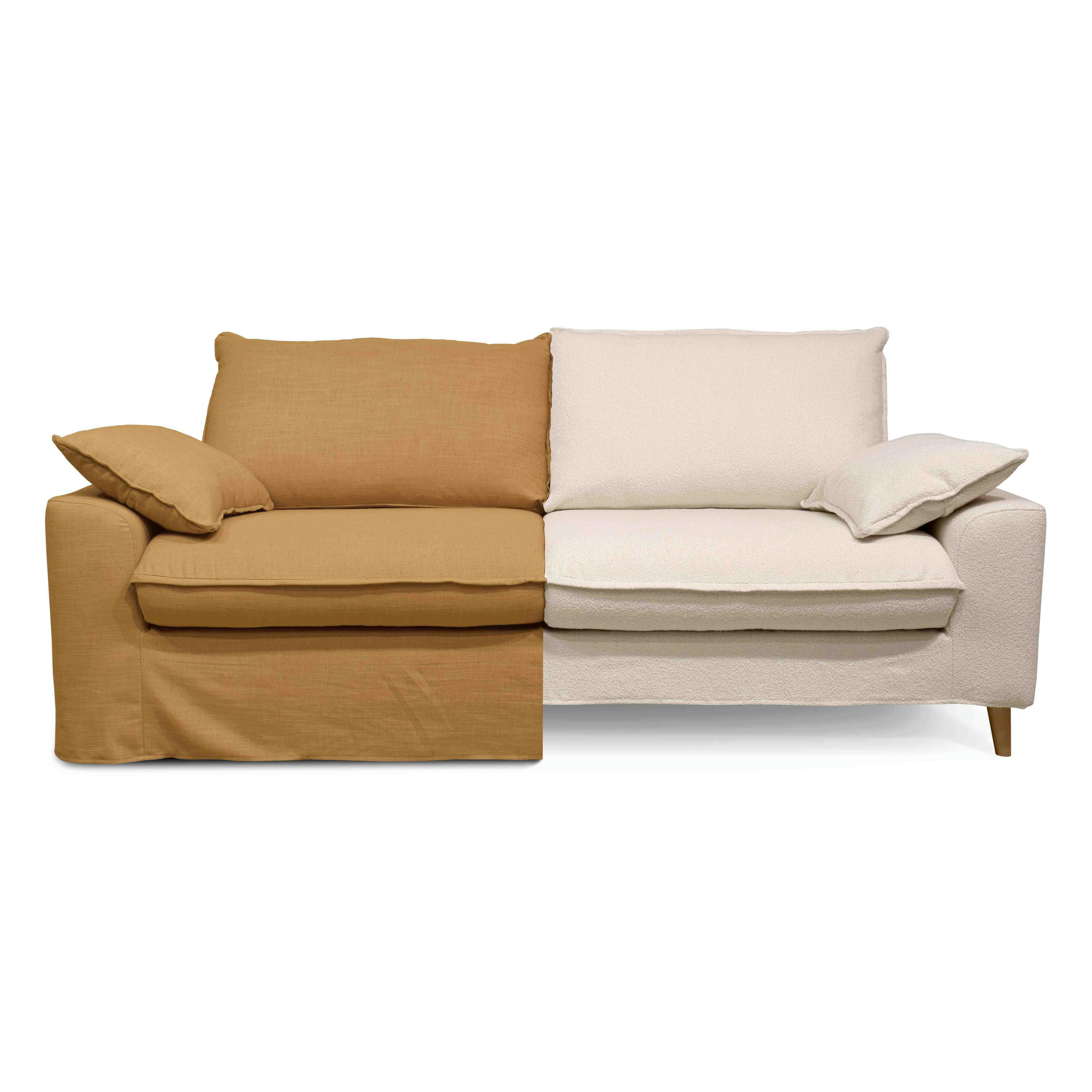 JAROD - Canapé tissu lin ocre avec une housse supplémentaire bouclette blanche