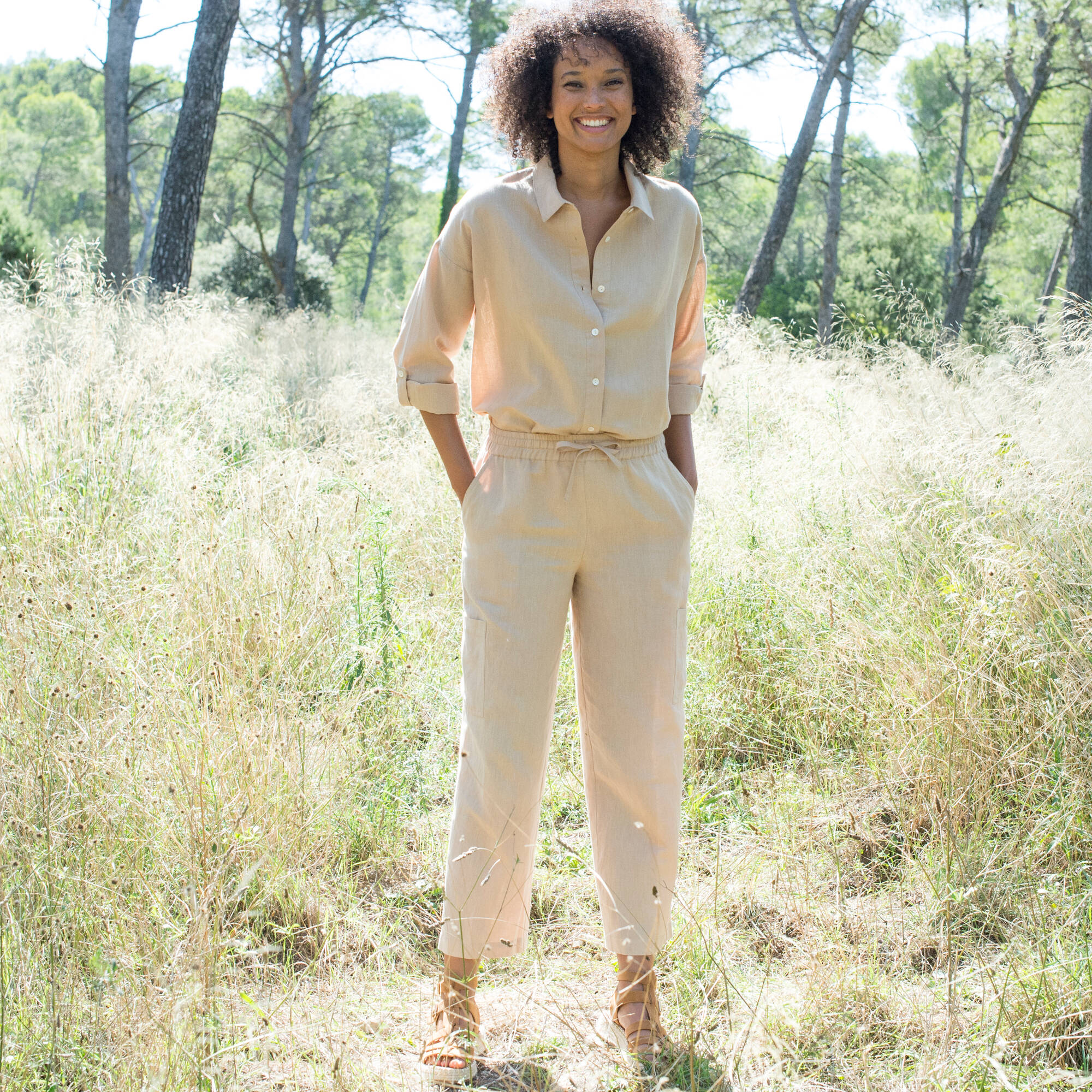 Chemise en coton-lin, manches longues retroussables