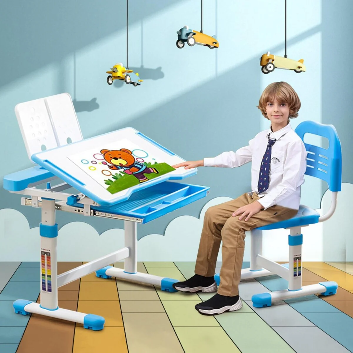Children's Study Desk Chair Set Multifunctional Study Table With Book Stand