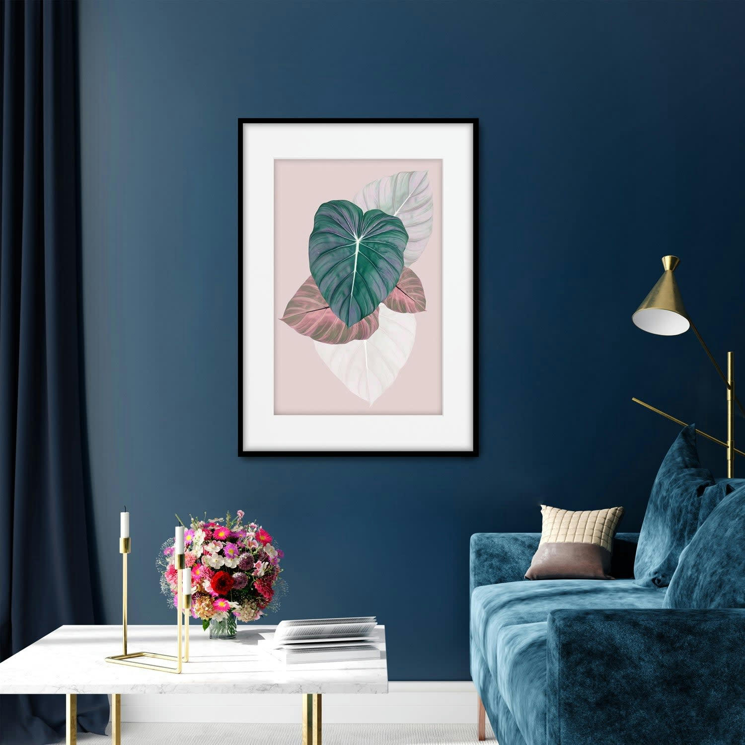 PLANTAS - Affiche avec cadre noir - Feuilles trois couleurs - 30x40