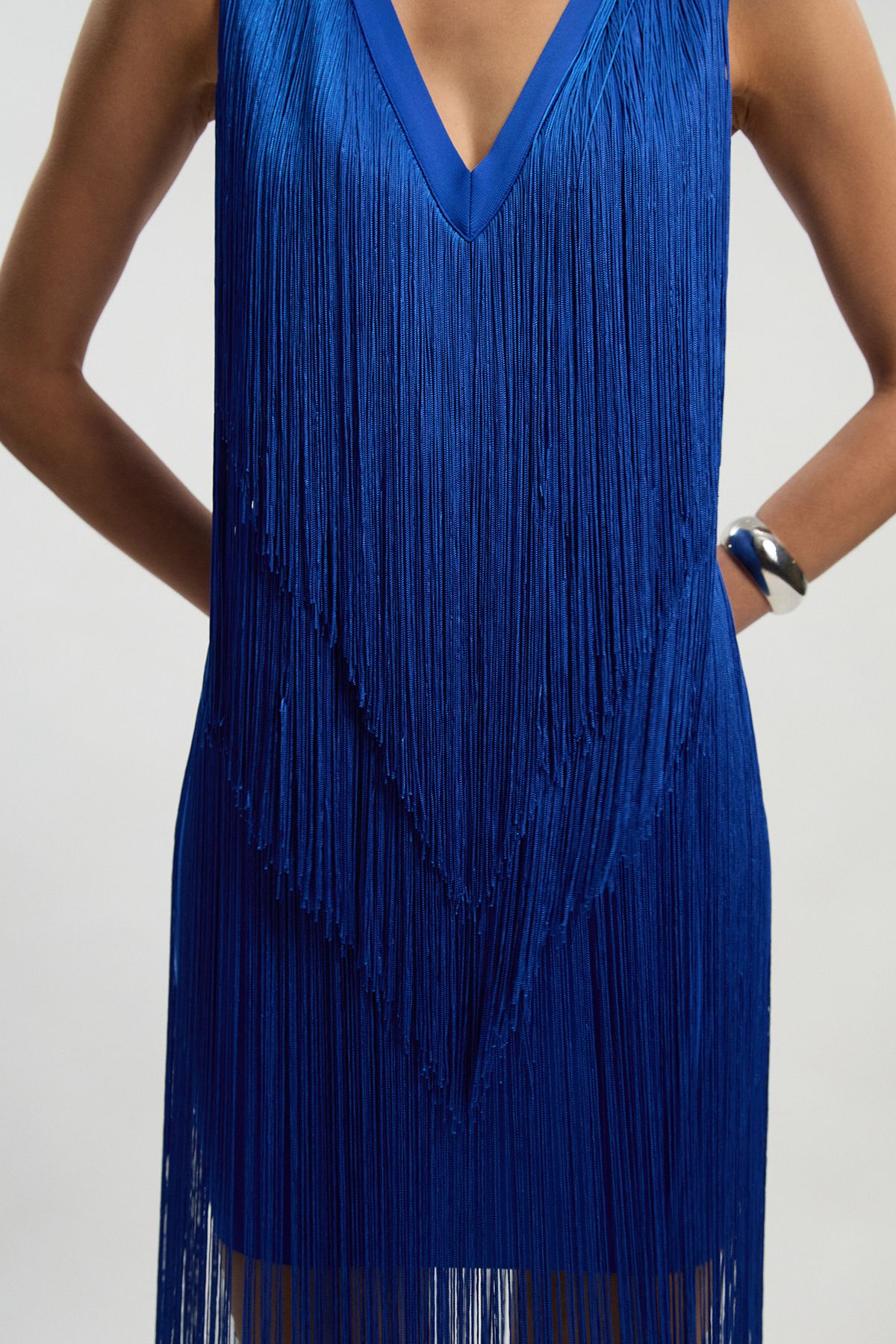 KarenMillen Fringe Bandage V Neck Knit Midi Dress