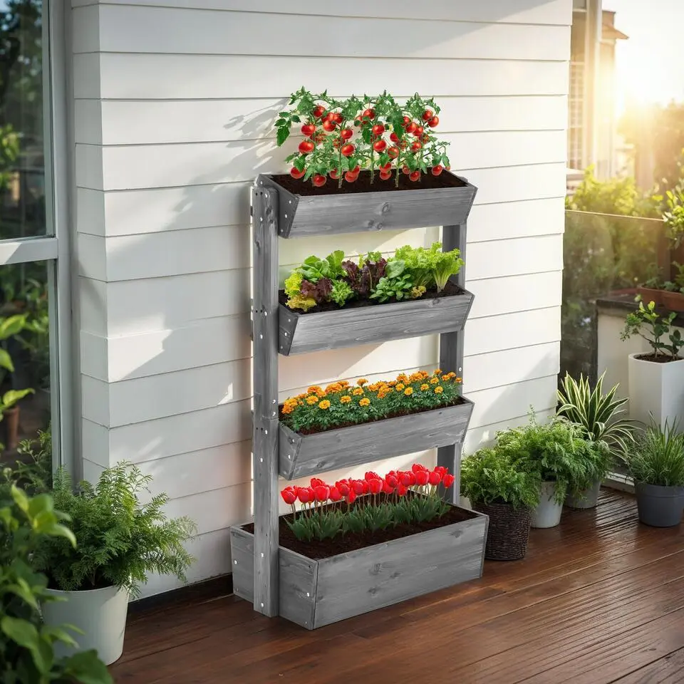 tectake Plantenbak Flora, gelakt hout, met plantenfolie, Grijs