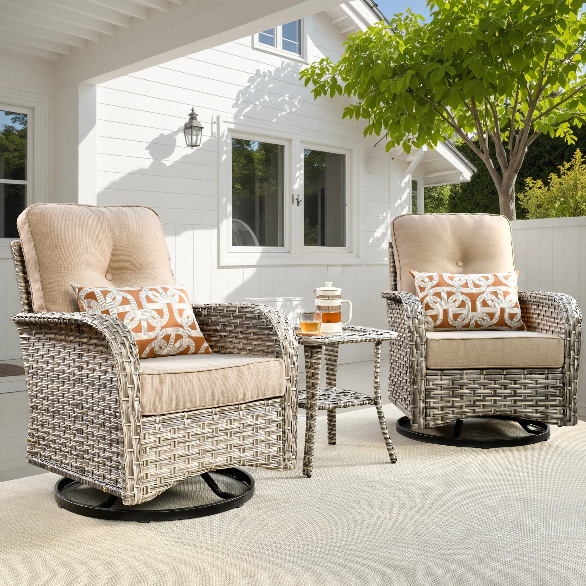 HOOOWOOO 3-piece Outdoor Patio Wicker Rattan High Back Swivel Chair Set