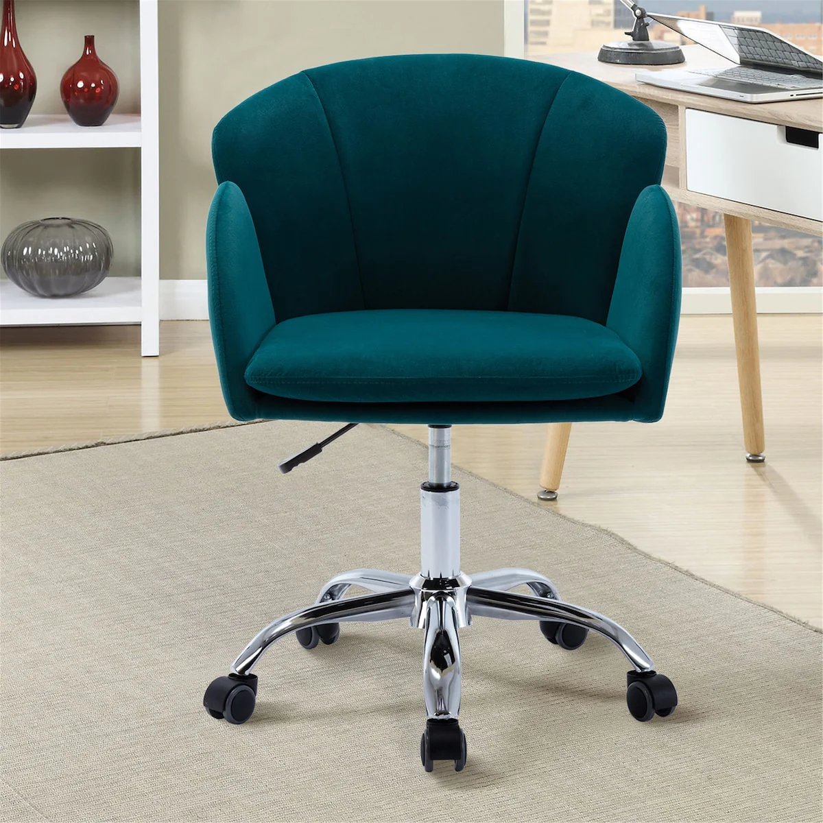 Modern Leisure Swivel Adjustable Office Chair with Velvet Fabric and Golden Feet Base
