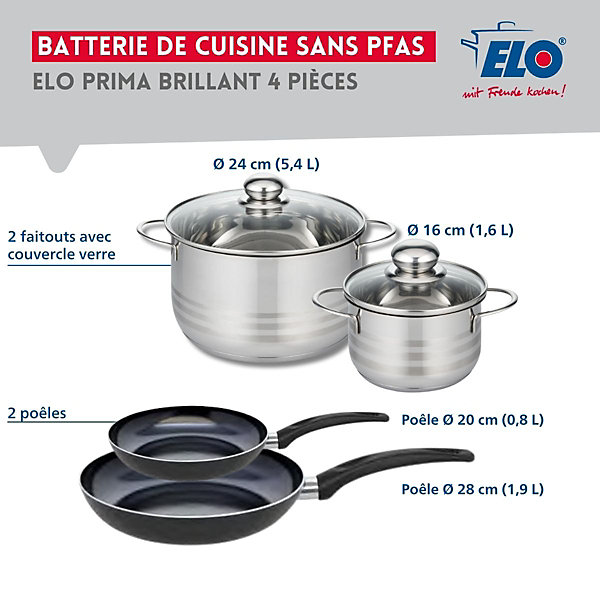 Ensemble de 2 Poêles de cuisson 20 et 28 cm et 2 faitouts 16 et 24 cm Elo Prima Brillant