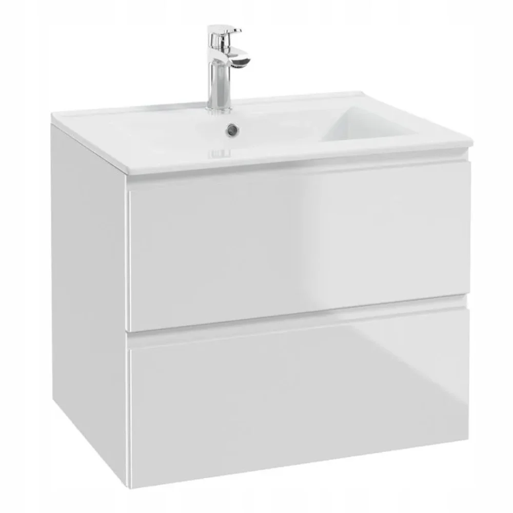 Szafka Łazienkowa Biała Wisząca 60 cm z Umywalką Połysk Szuflady Soft Close