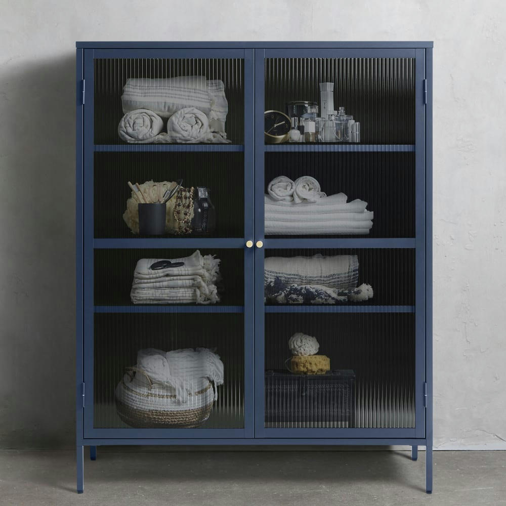 BJORN - Vaisselier 2 portes en verre strié et métal H140cm bleu