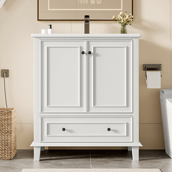 Meuble de salle de bain sur pied 76 x 46 x 87 cm, vasque en céramique intégrée, pieds en bois massif, entièrement laqué, blanc