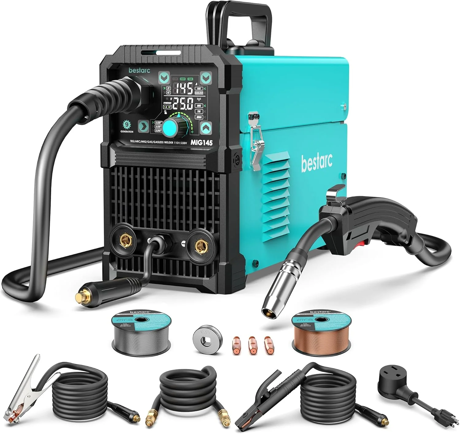 145A MIG Welder, 110V/220V Dual Voltage Gas/Gasless Flux Core MIG Welder/Lift TIG/Stick 3 in 1 Synergic MIG145 9GEN Welding Machine, Flux/Solid Welder Digital Screen Display(MIG165 110/220V)