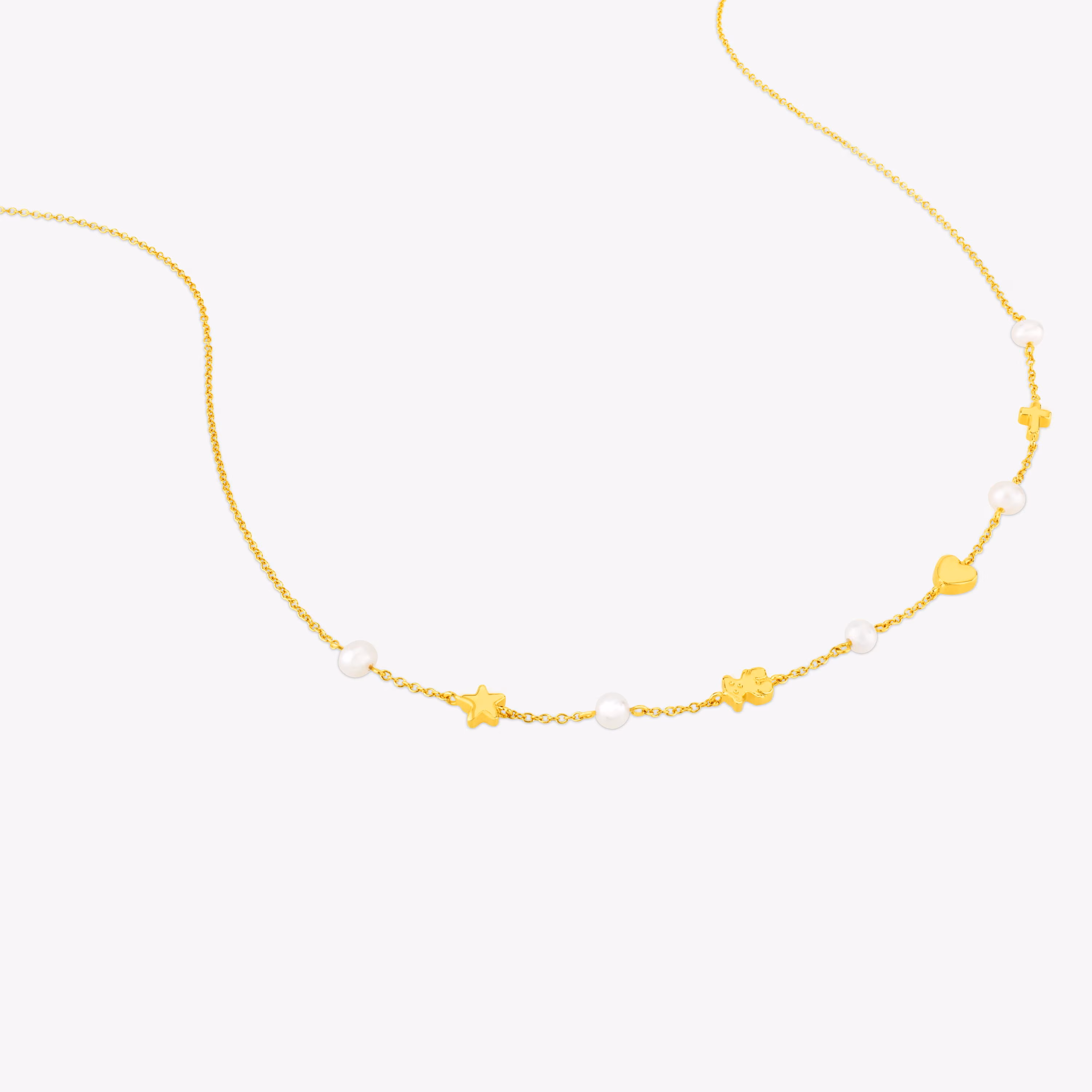 Collar de oro y perlas cultivadas con motivos oso, estrella, corazón y cruz Sweet Dolls