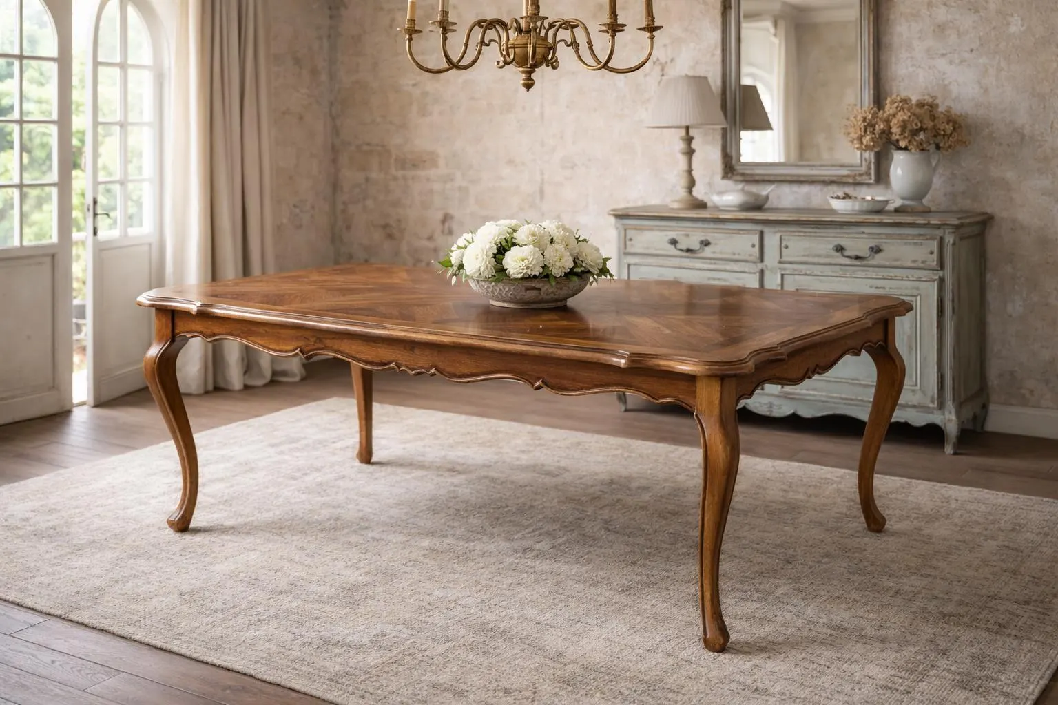 NEW! AVAILABLE!Large Vintage French Provincial Dining Table with Extension Leaves, Parquet Style Top, Cabriole Legs, 1970s–1980s Elegant For