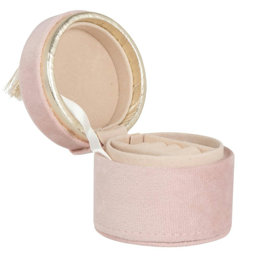 - Mini boîte bijoux ronde compartimentée en velours rose clair