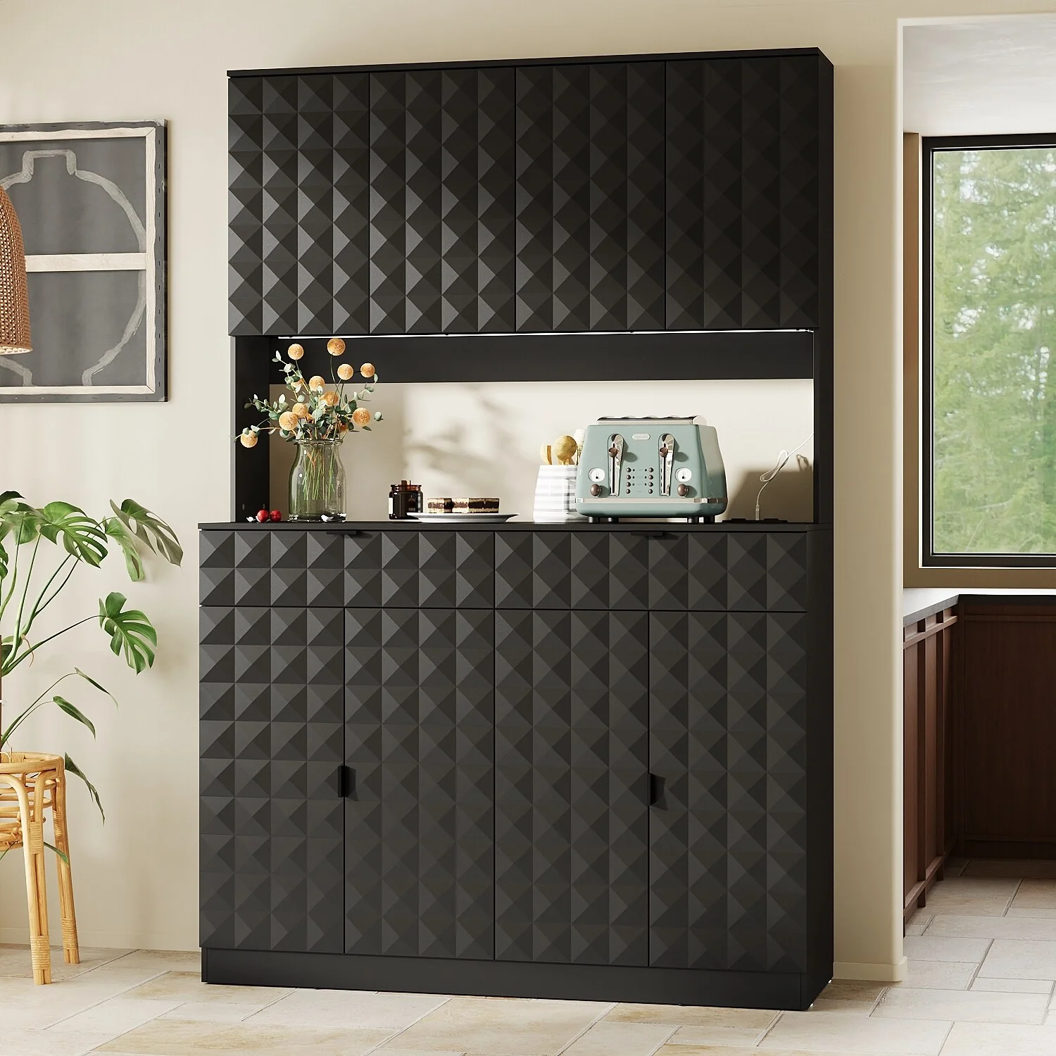 Modern Black Kitchen Buffet Cabinet with LED Light and USB Ports Pantry Storage Cabinet