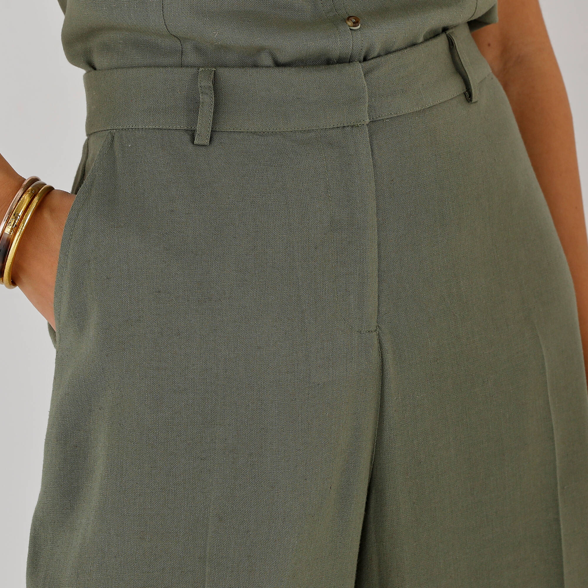 Pantalon effet jupe-culotte, en lin mélangé