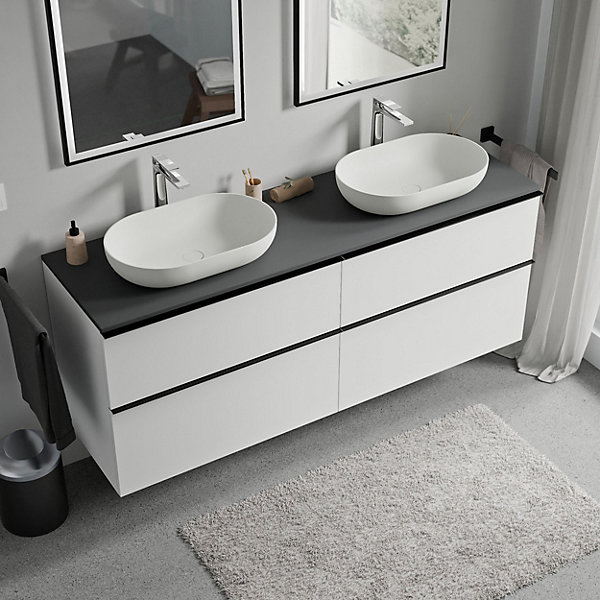 Meuble sous vasque suspendu MDF Blanc mat, plan vasque Anthracite mat, poignée Noir mat - 160x46x62cm - LAVOA