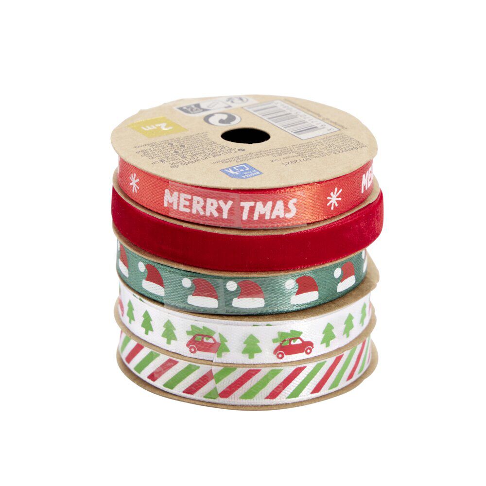 Ruban No&euml;l x5 en tissu thème traditionnel rouge vert blanc 2m