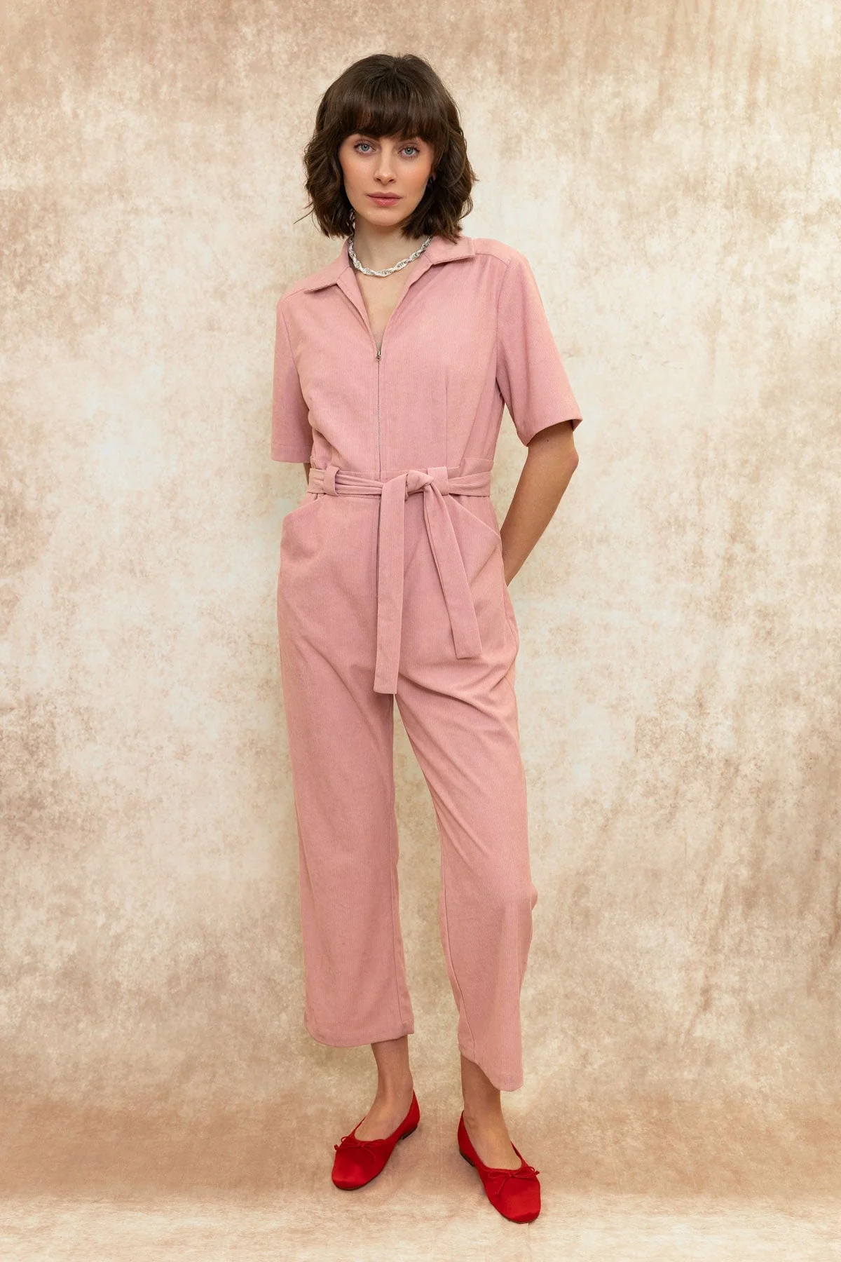 Pink Corduroy Short Sleeve Belted Jumpsuit