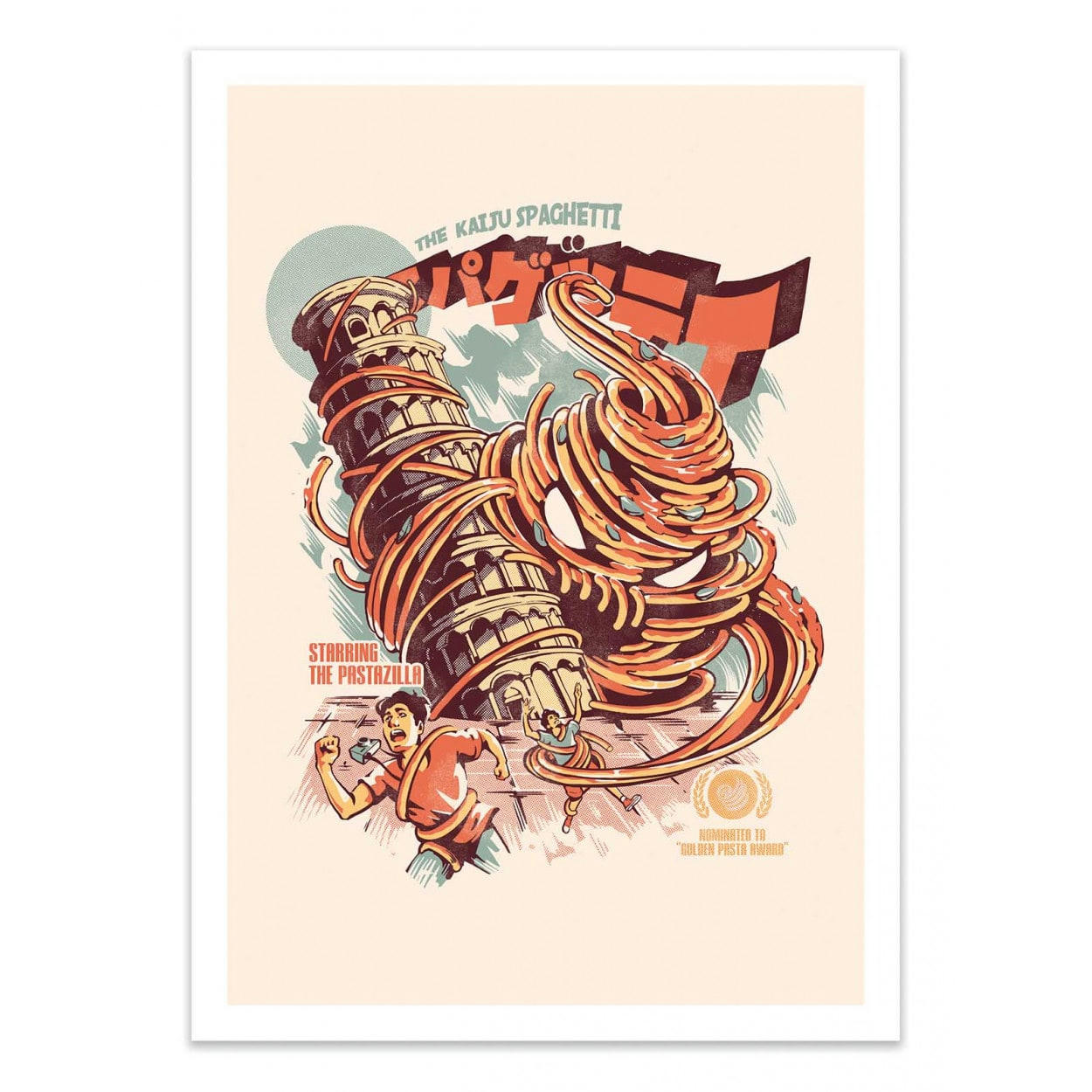 ILUSTRATA - THE KAIJU SPAGHETTI - Affiche d'art avec Cadre bois noir - 50 x 70 cm